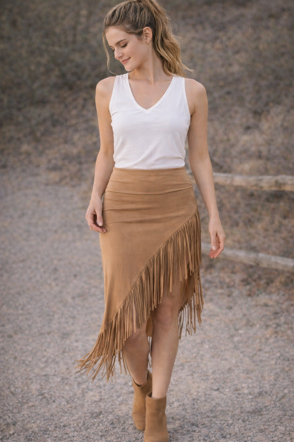 Raya Sun Tan Fringe Skirt - Bohemian High-Waisted Asymmetric Hem Size S