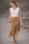 Raya Sun Tan Fringe Skirt - Bohemian High-Waisted Asymmetric Hem Size S