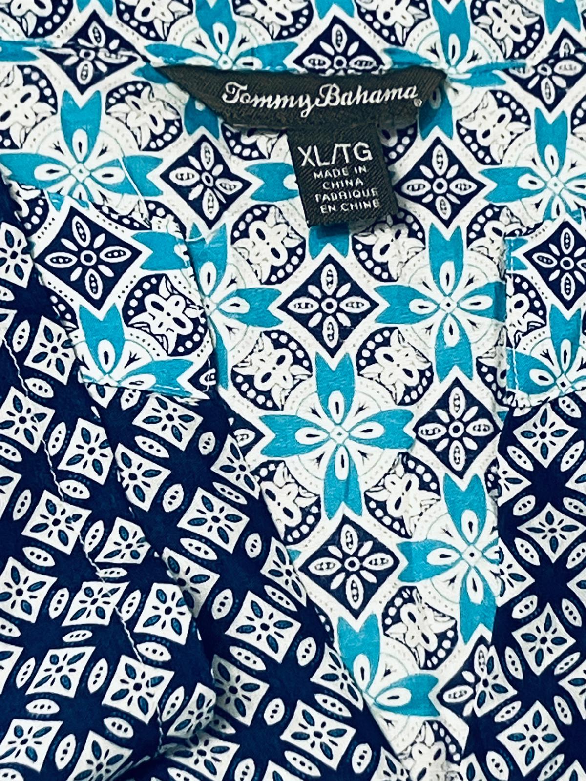 Tommy Bahama — Tunic | Navy & aqua geometric patchwork, 100% rayon · Sz XL