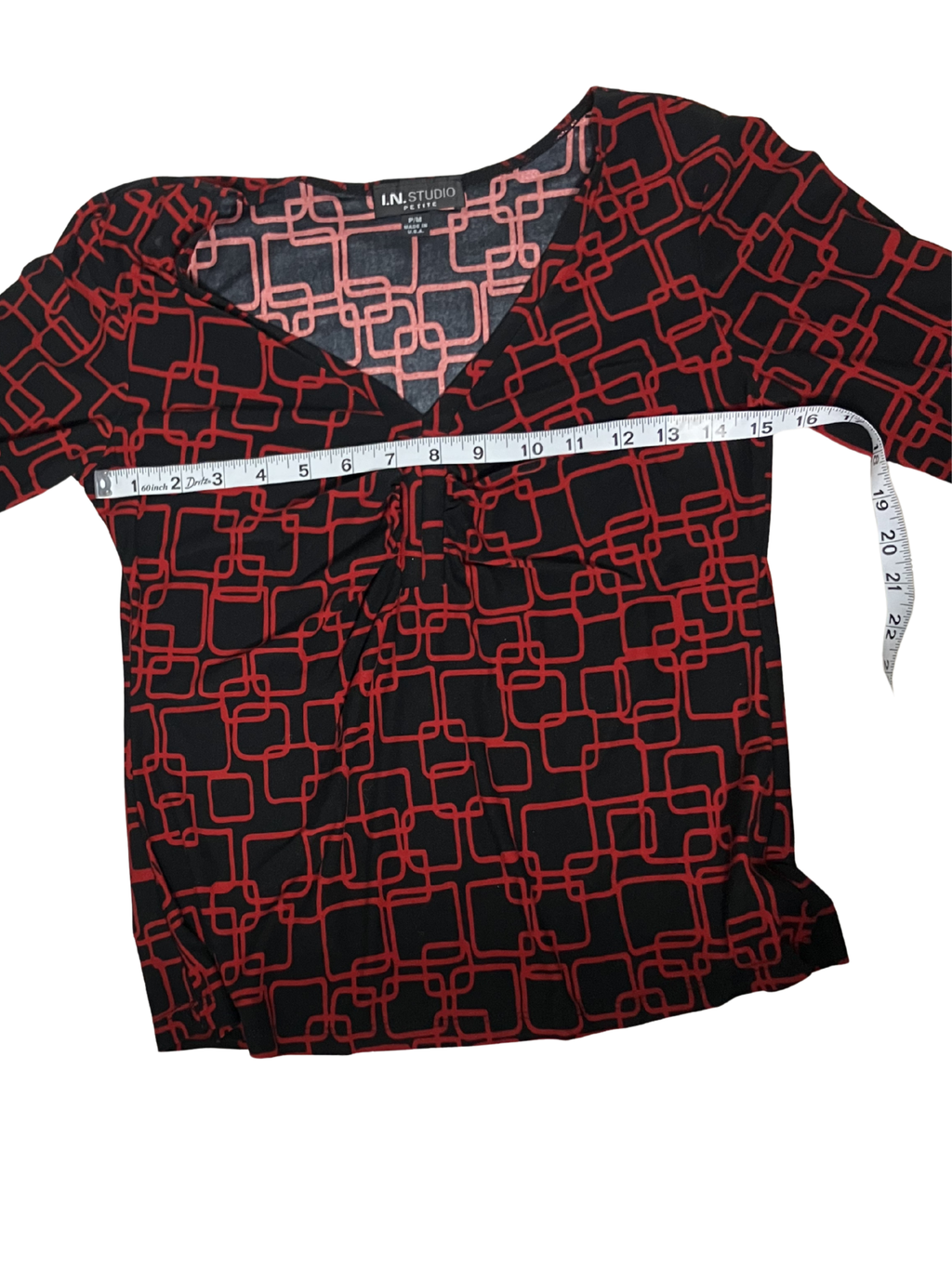 I.N. Studio — Blouse | Red geometric chain print on a black field · Sz M Petite