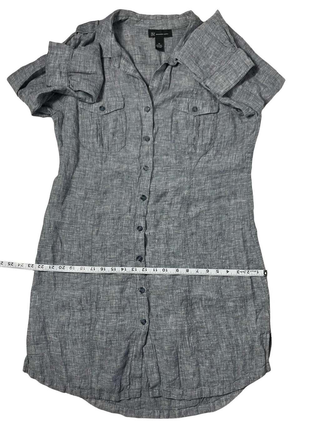 INC International Concepts — Shirtdress | Heather gray-blue linen, convertible sleeves · Sz 16