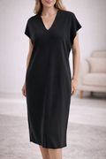 Peruvian Connection Black Pima Cotton V-Neck Midi Dress