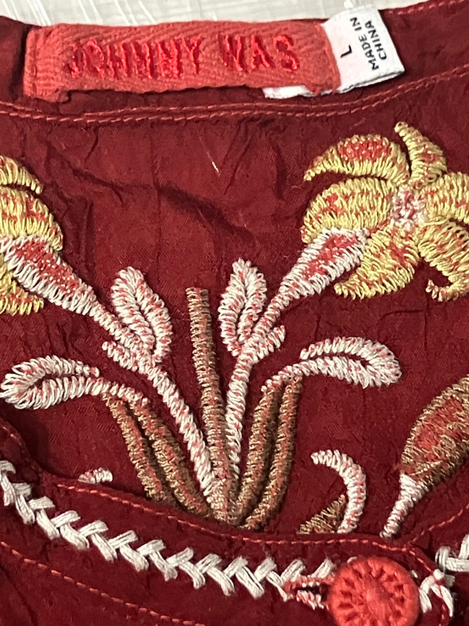 Johnny Was — Tunic | Dense botanical embroidery in deep burgundy · Sz L
