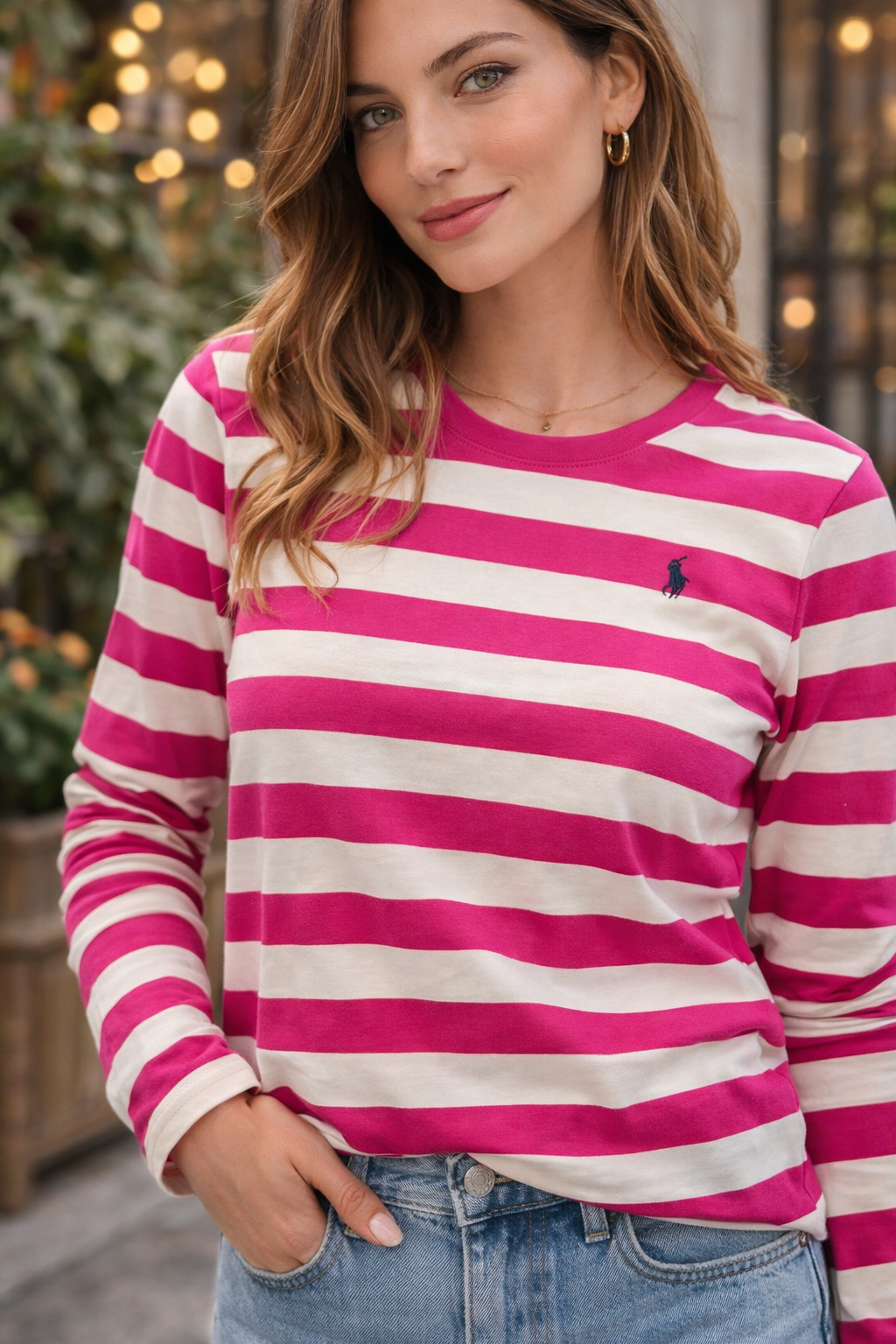 Ralph Lauren — Crew Neck T-Shirt | Pink and cream stripes, embroidered pony · Sz XL