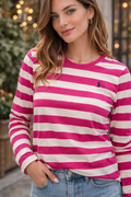 Ralph Lauren — Crew Neck T-Shirt | Pink and cream stripes, embroidered pony · Sz XL