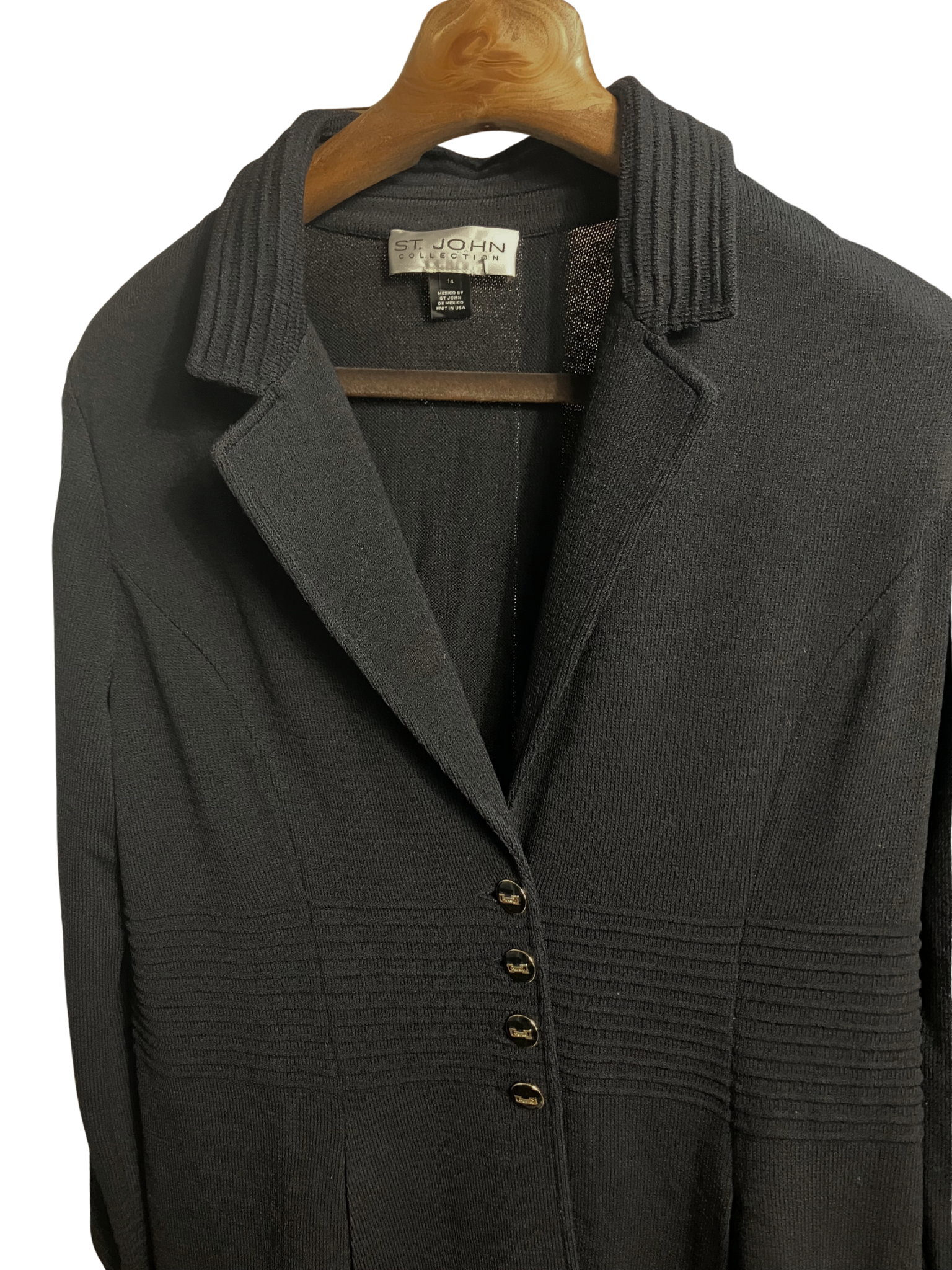 St. John Collection Black Knit Long Coat Ribbed Detail Size 14
