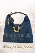 True Religion Brand Jeans Denim Hobo Handbag Horseshoe Hardware Dark Blue