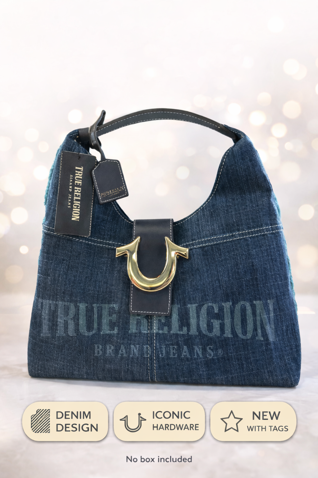 True Religion Brand Jeans Denim Hobo Handbag Horseshoe Hardware Dark Blue