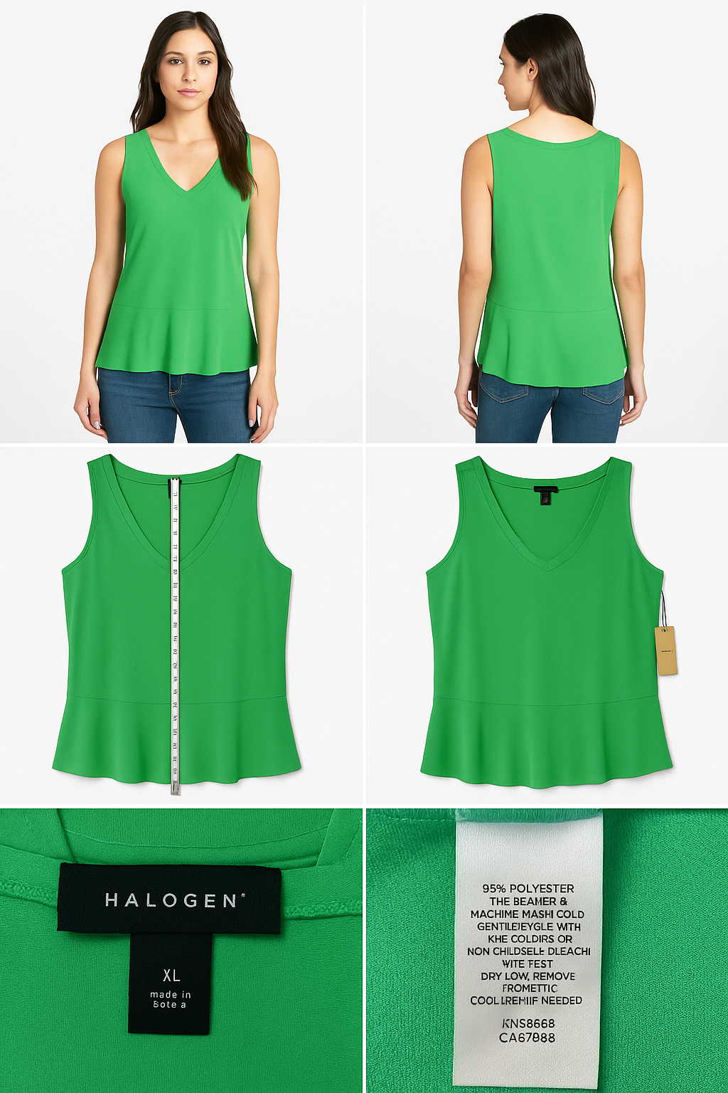 Halogen Peplum Top XL Kelly Green V-Neck Sleeveless Asymmetric NWT