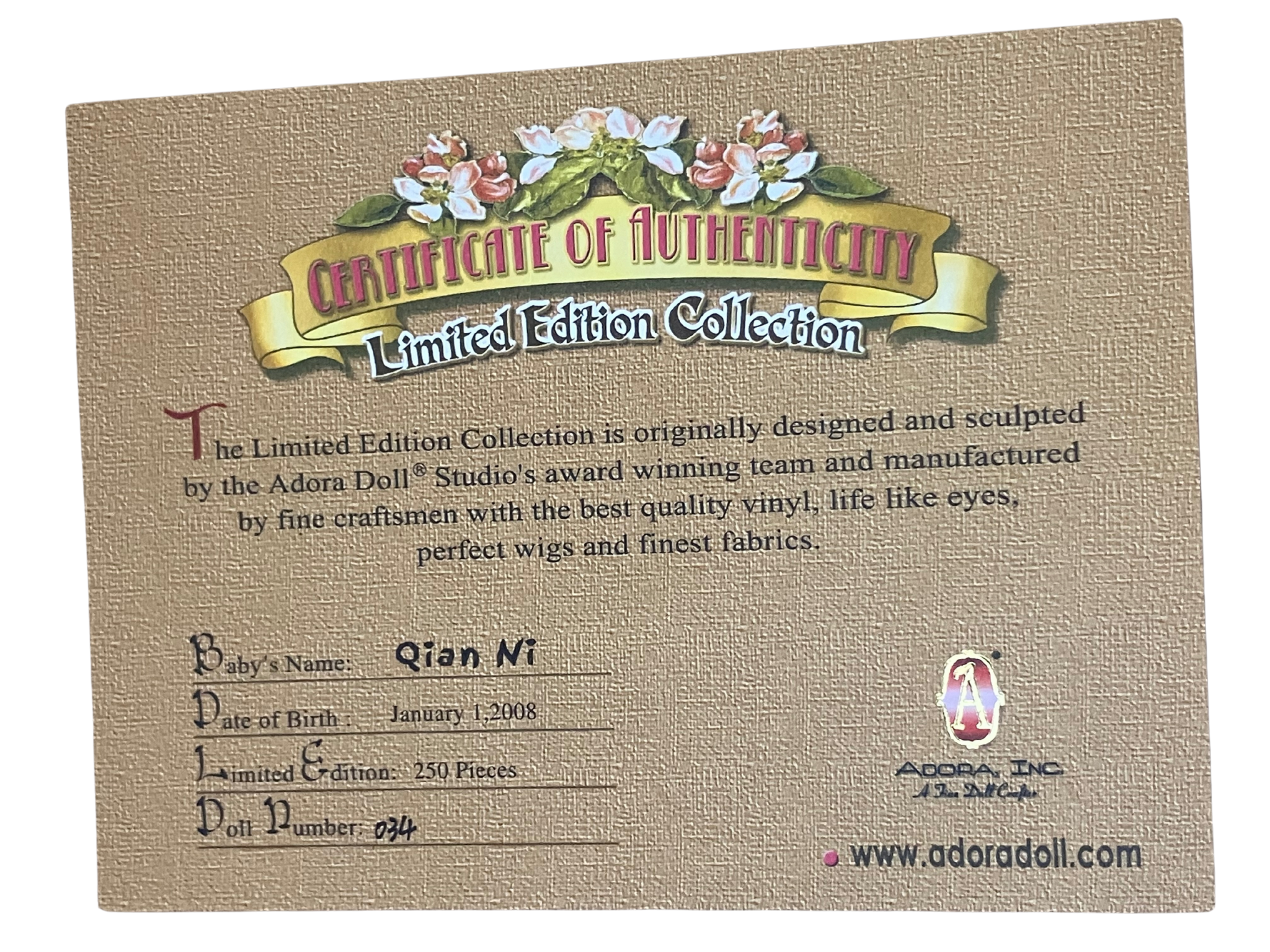 Adora Original Doll “Qian Ni” Limited Edition 2008 #034/250 – 22” Vinyl Asian Doll w/ COA & Box