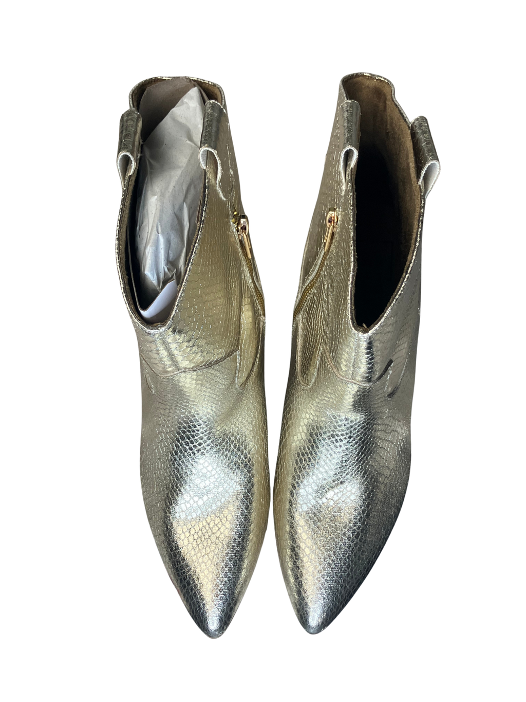 ShuShop — Boots | Snake-embossed metallic gold stiletto, never worn · Sz 10