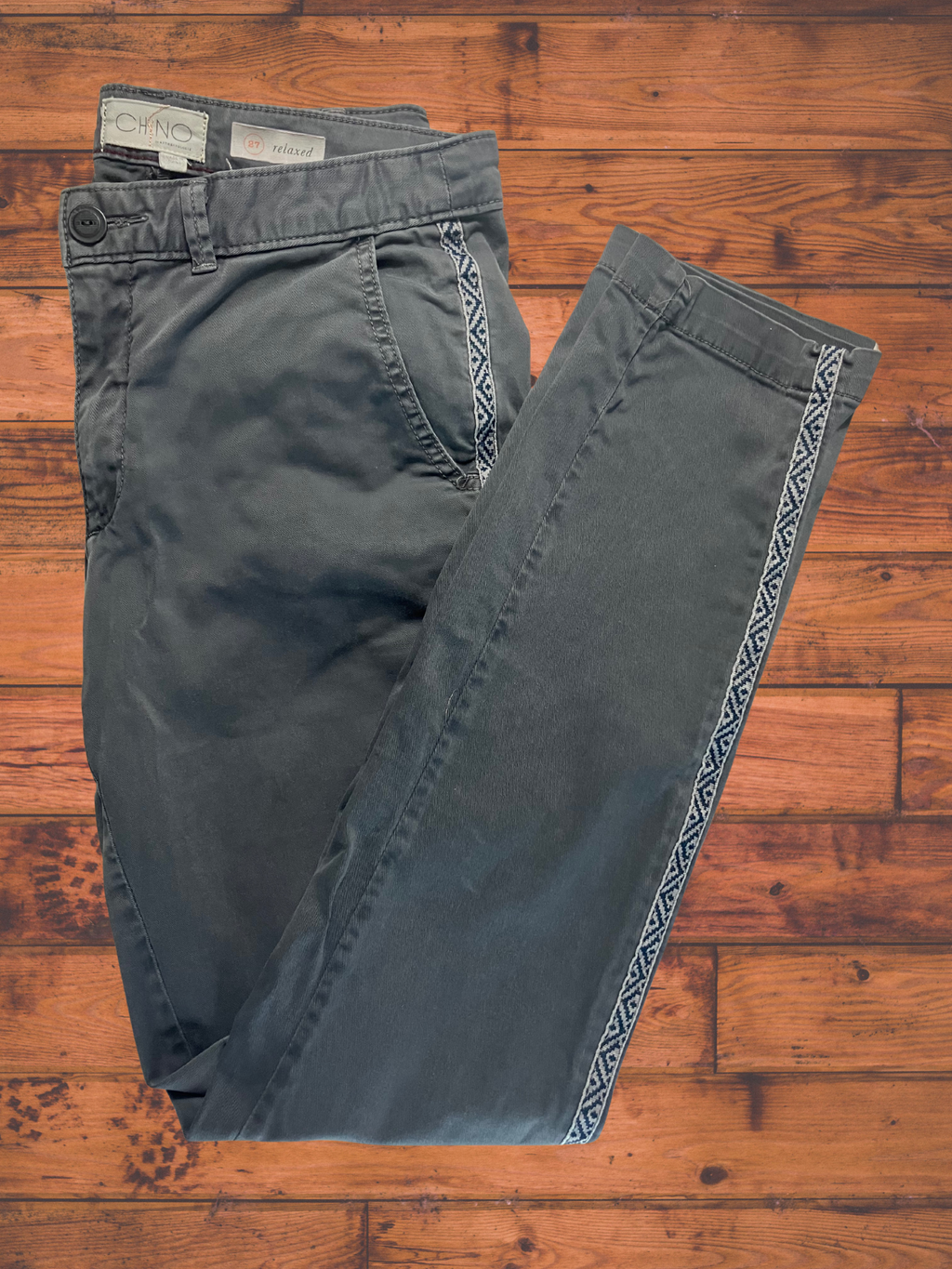 Chino by Anthropologie — Tailored Pants | Slate gray with a geometric embroidered stripe · Sz 27