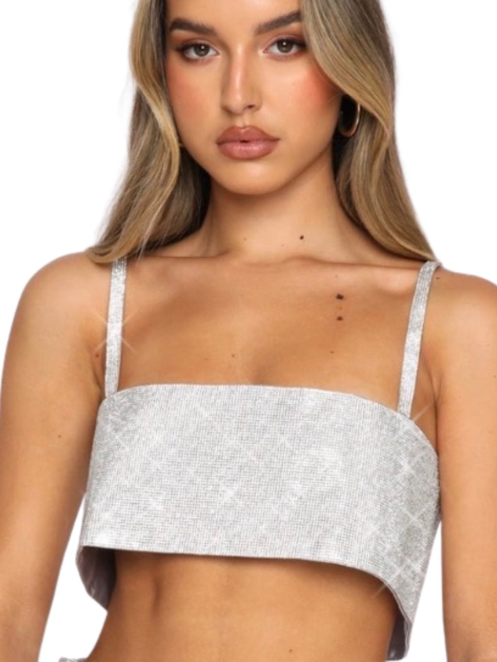White Fox Boutique — Rhinestone Bandeau Crop Top | Crystal embellished, silver sparkle · Sz XS