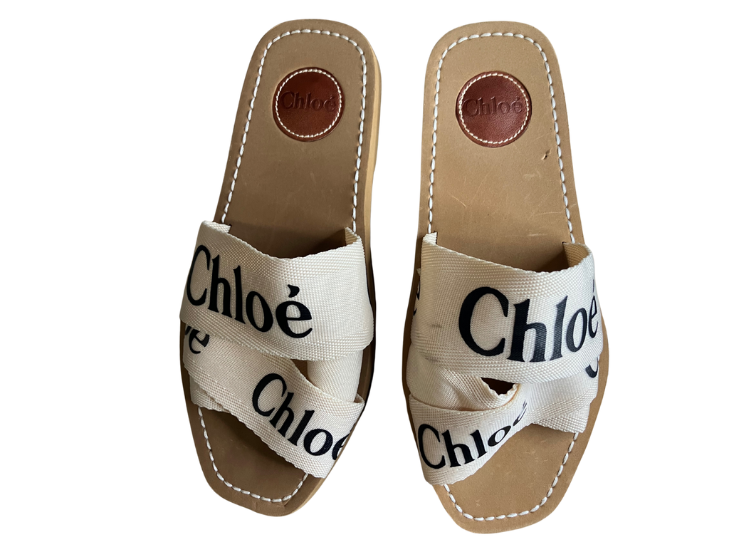 Chloé Woody Logo Ribbon Slides Sandals Beige/Tan Women’s 39 (US 9)