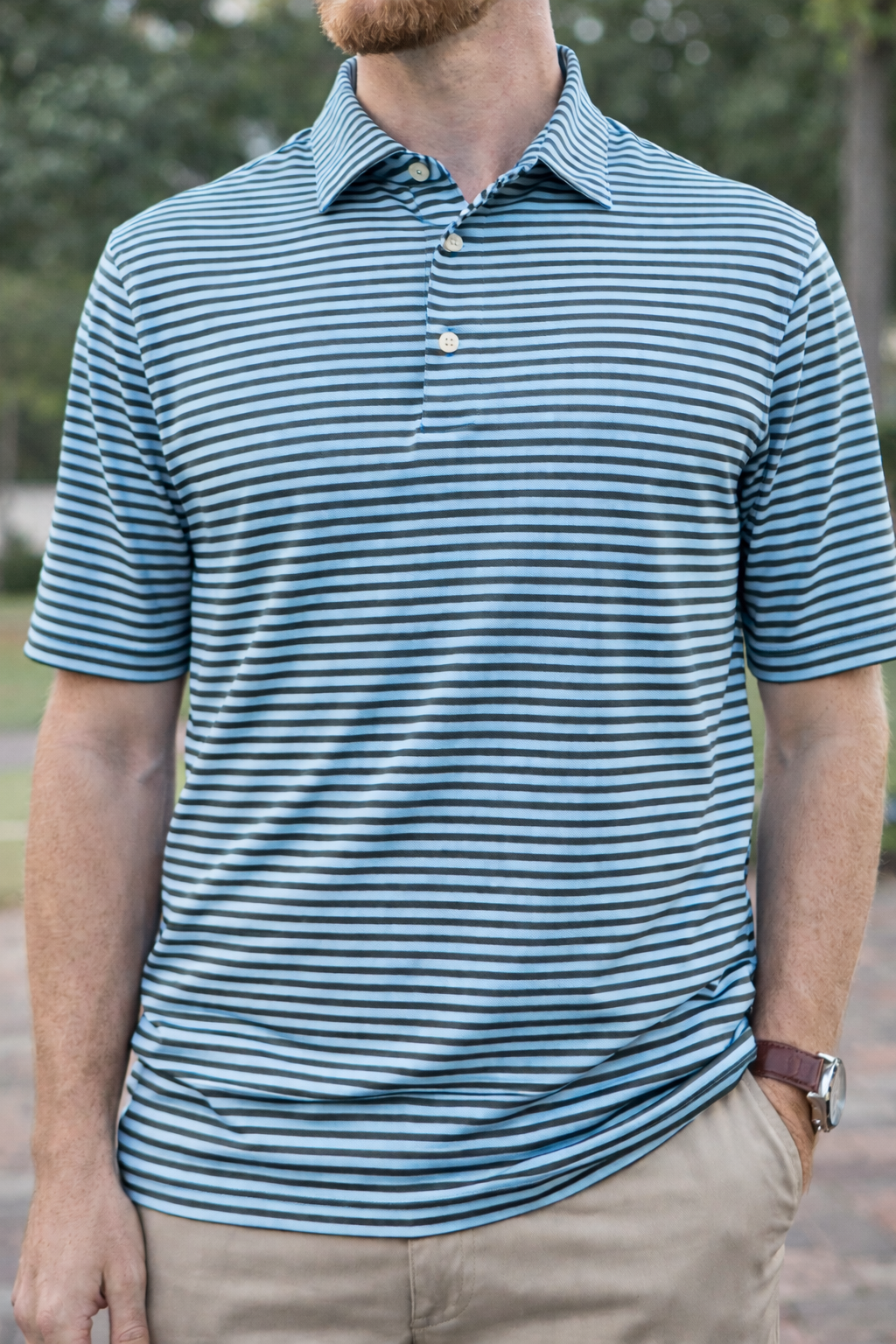 Peter Millar Navy Striped Performance Polo Shirt - Size L