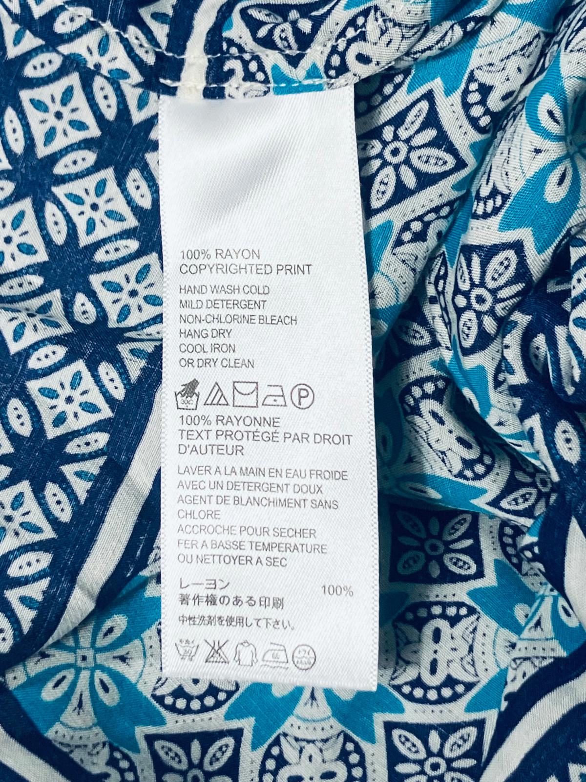 Tommy Bahama — Tunic | Navy & aqua geometric patchwork, 100% rayon · Sz XL