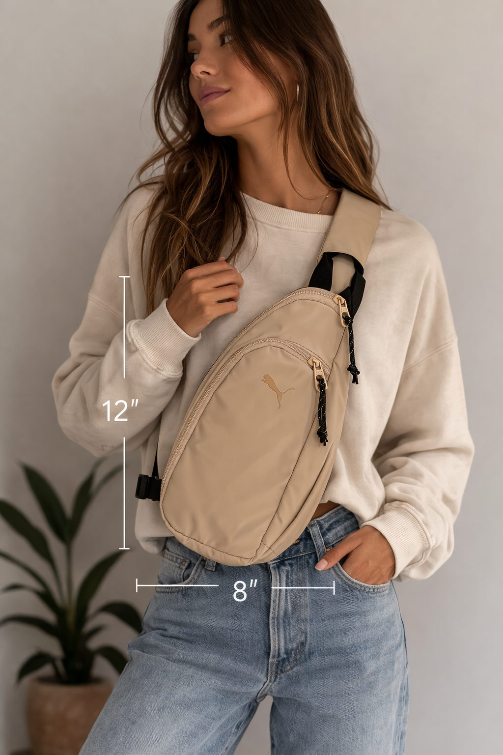 PUMA — Crossbody Sling Bag | Tonal embroidered leaping cat, sand beige · Sz OS