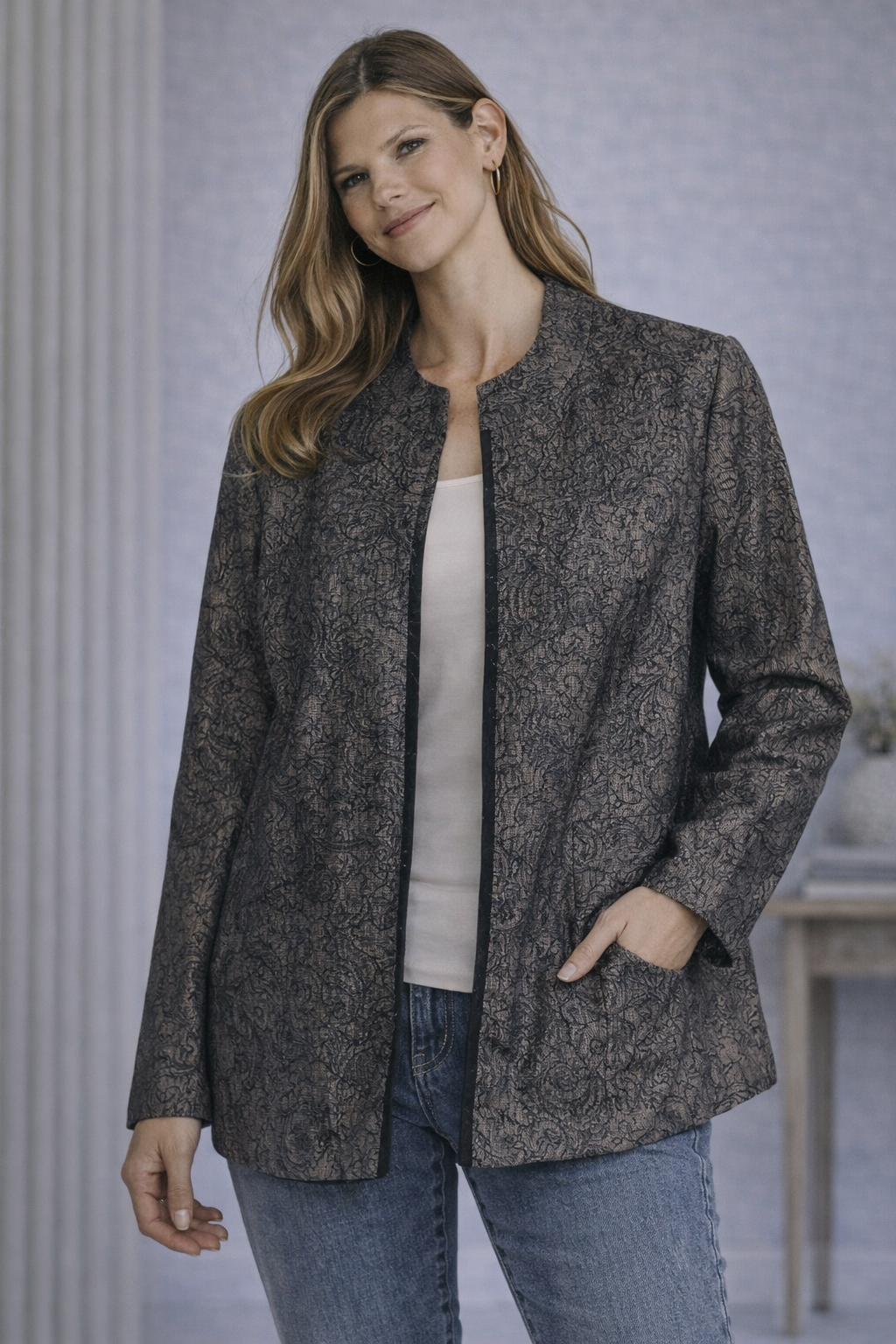 Coldwater Creek Brocade Jacquard Open Front Jacket Women’s 18W Black Metallic