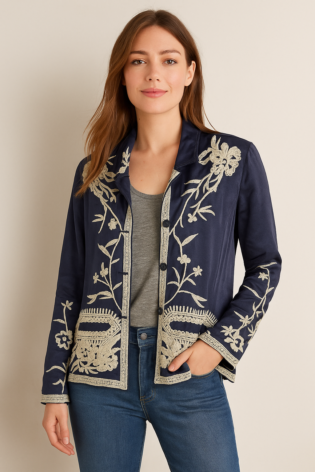 Johnny Was Navy Embroidered Kimono Jacket Size L Boho Chic Art to Wear