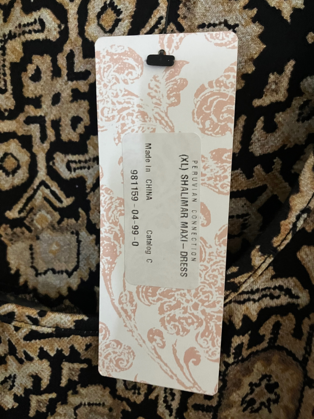 Peruvian Connection Shalimar Maxi Dress XL Black Gold Boho Long Sleeve NWT