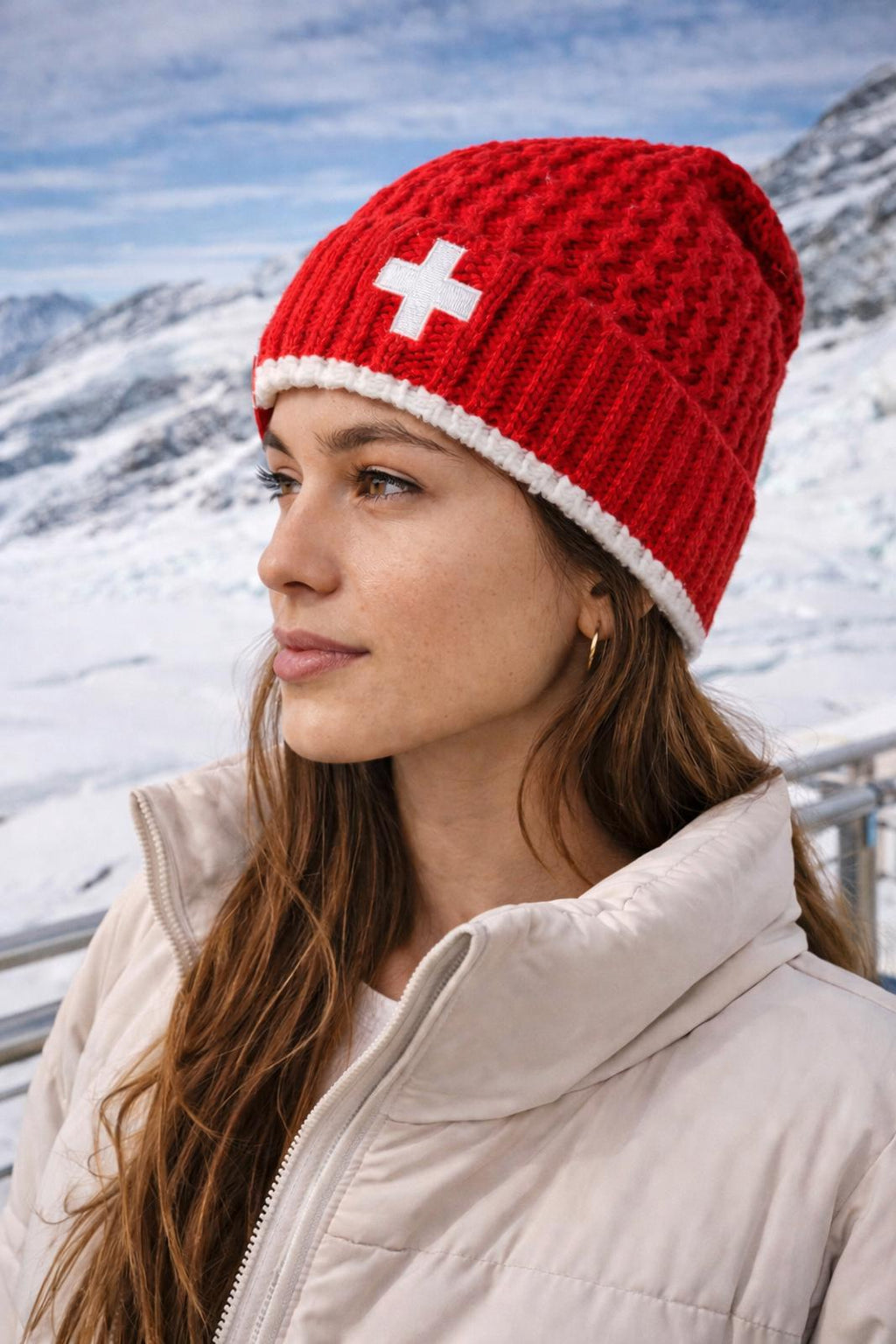 Jungfraujoch — Knit Hat | Swiss cross embroidery, fleece-lined, never worn · Sz OS