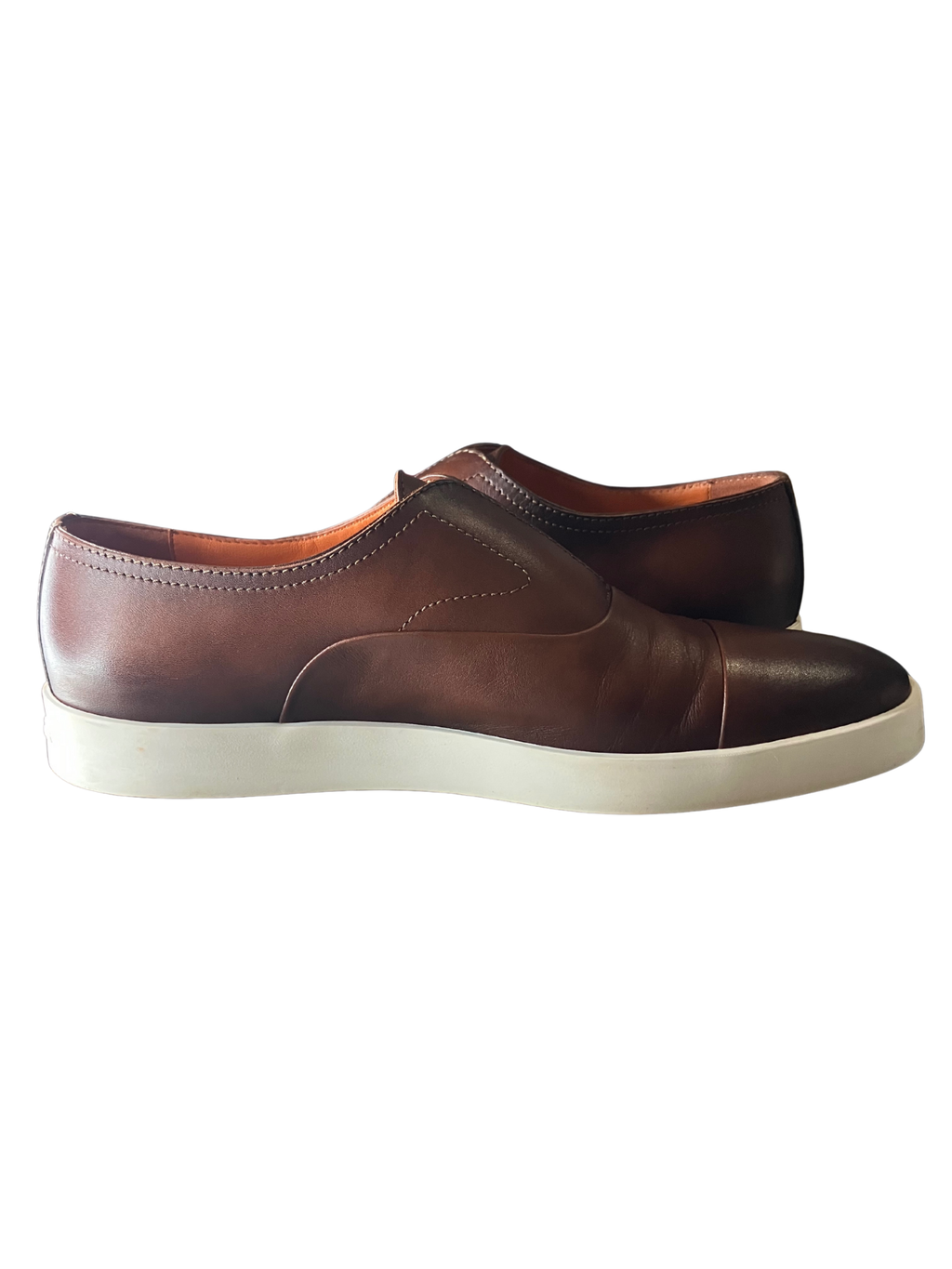 Santoni Made in Italy Brown Patina Leather Slip-On Cupsole Sneakers