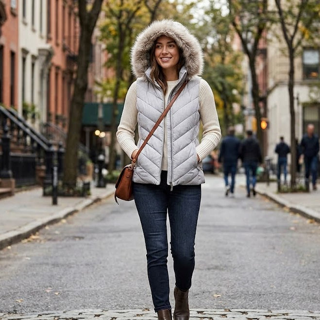Magellan — Quilted Puffer Vest | Detachable faux fur hood, utility silhouette · Sz XL