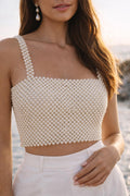 White Fox Boutique — Beaded Mesh Top | Pearl-embellished Y2K statement piece · Sz OS