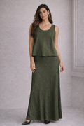 Lafayette 148 New York — Dress | Olive linen-blend midi with architectural overlay bodice · Sz 16