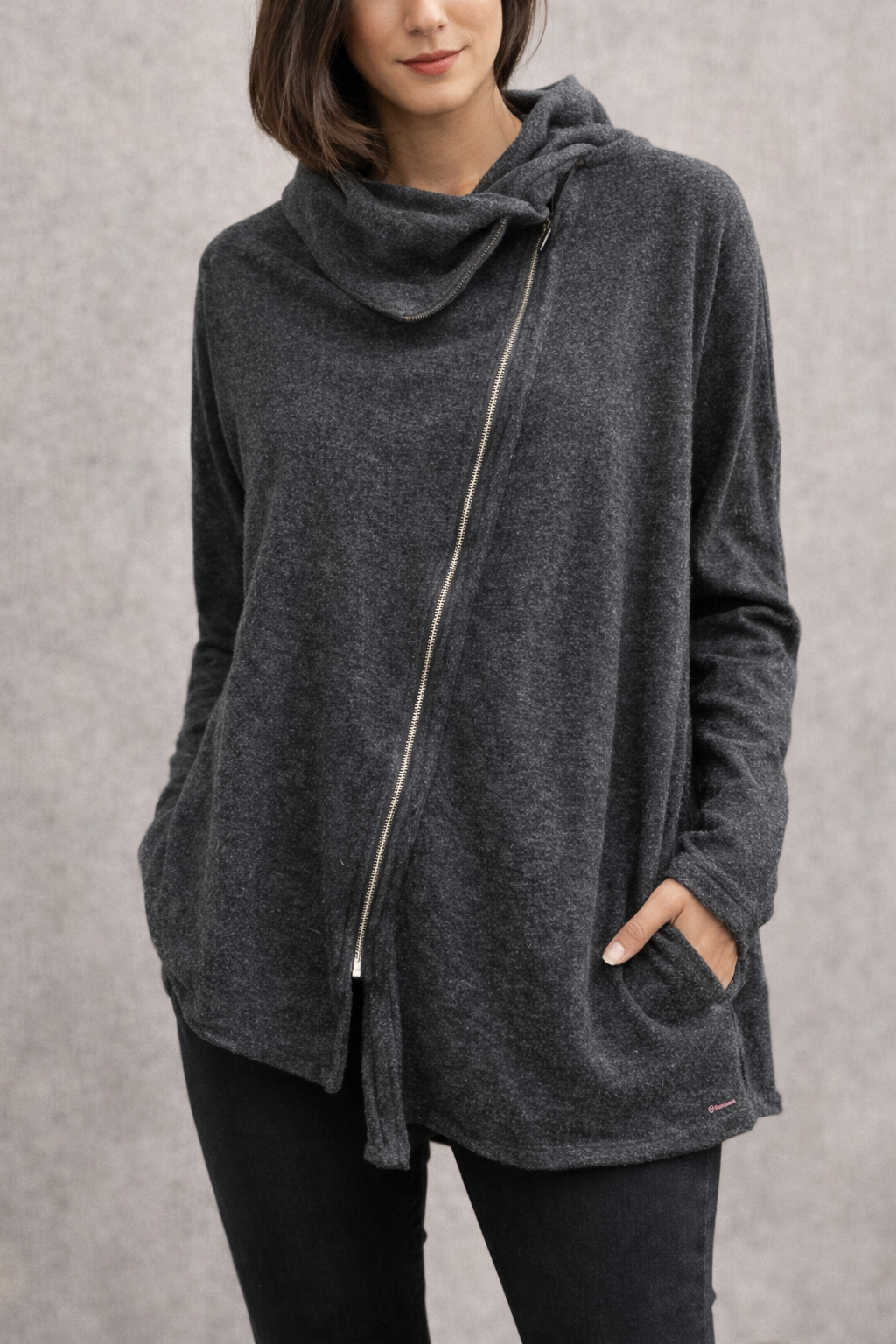 Asymmetrical Wrap Hoodie Gray Wool Blend Draped Collar UK 18 EU 46