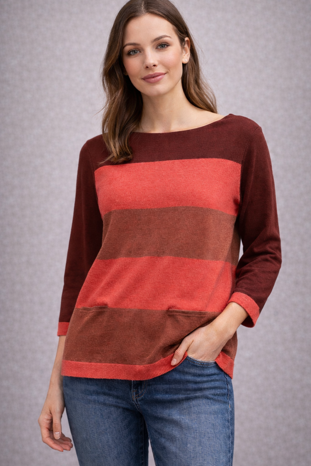 a.n.a Petite Striped Sweater Women's PS Terracotta Coral 3/4 Sleeve