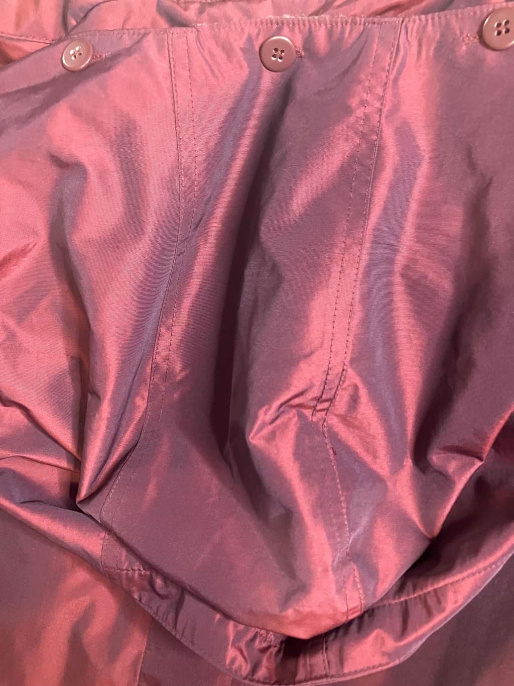 FS Rainwear — Hooded Long Coat | Burgundy fleece-lined nylon, late 90s vintage · Sz L