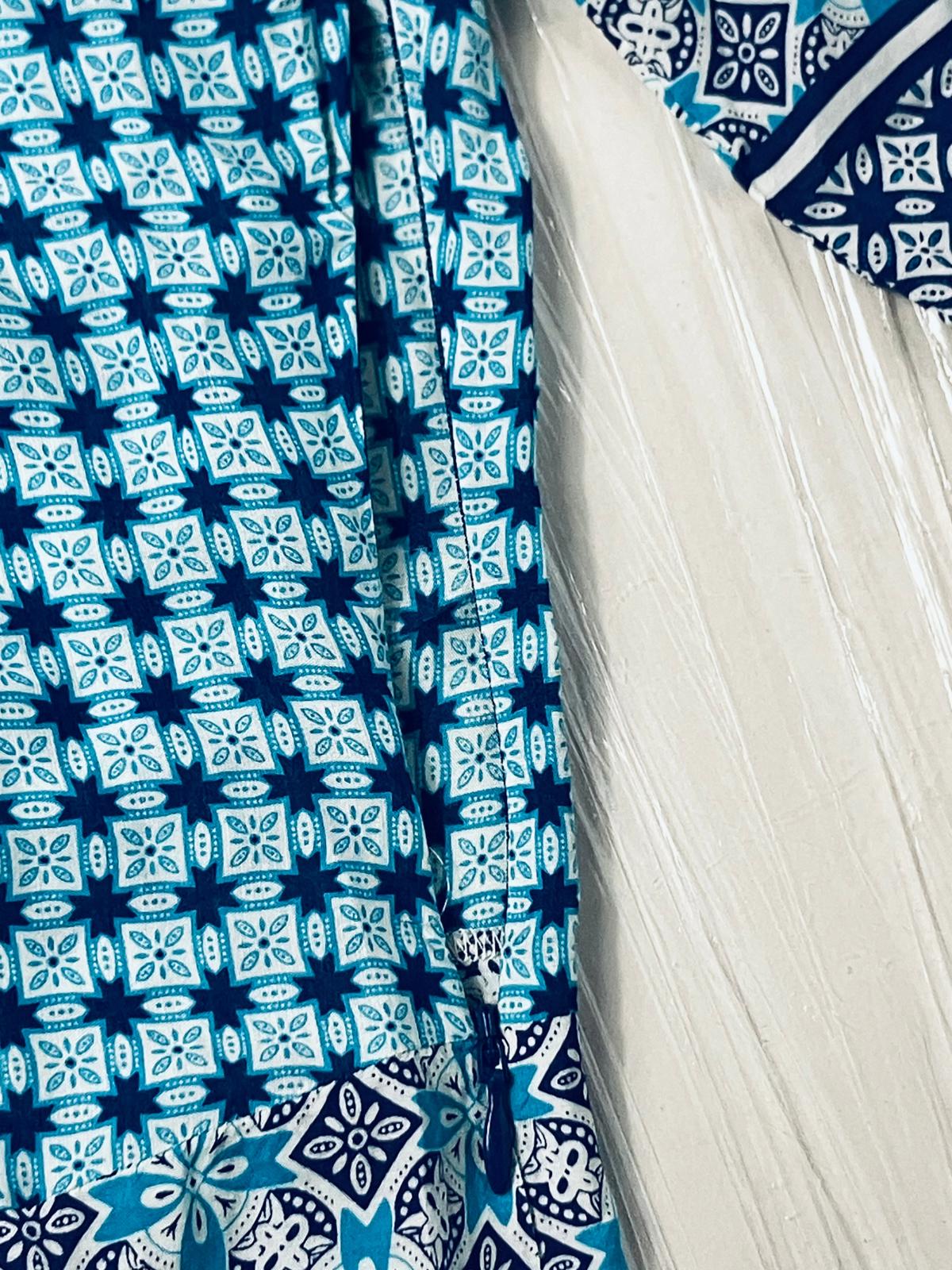 Tommy Bahama — Tunic | Navy & aqua geometric patchwork, 100% rayon · Sz XL
