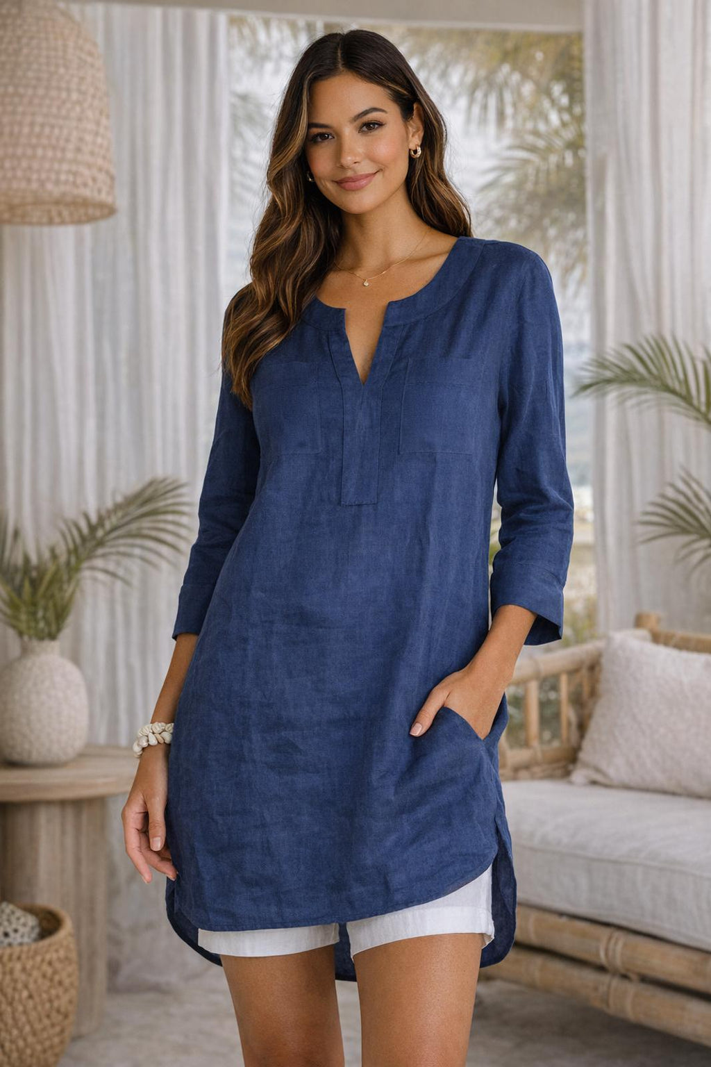 Tommy Bahama — Dress | 100% linen with silk trim, navy split-neck tunic · Sz XL