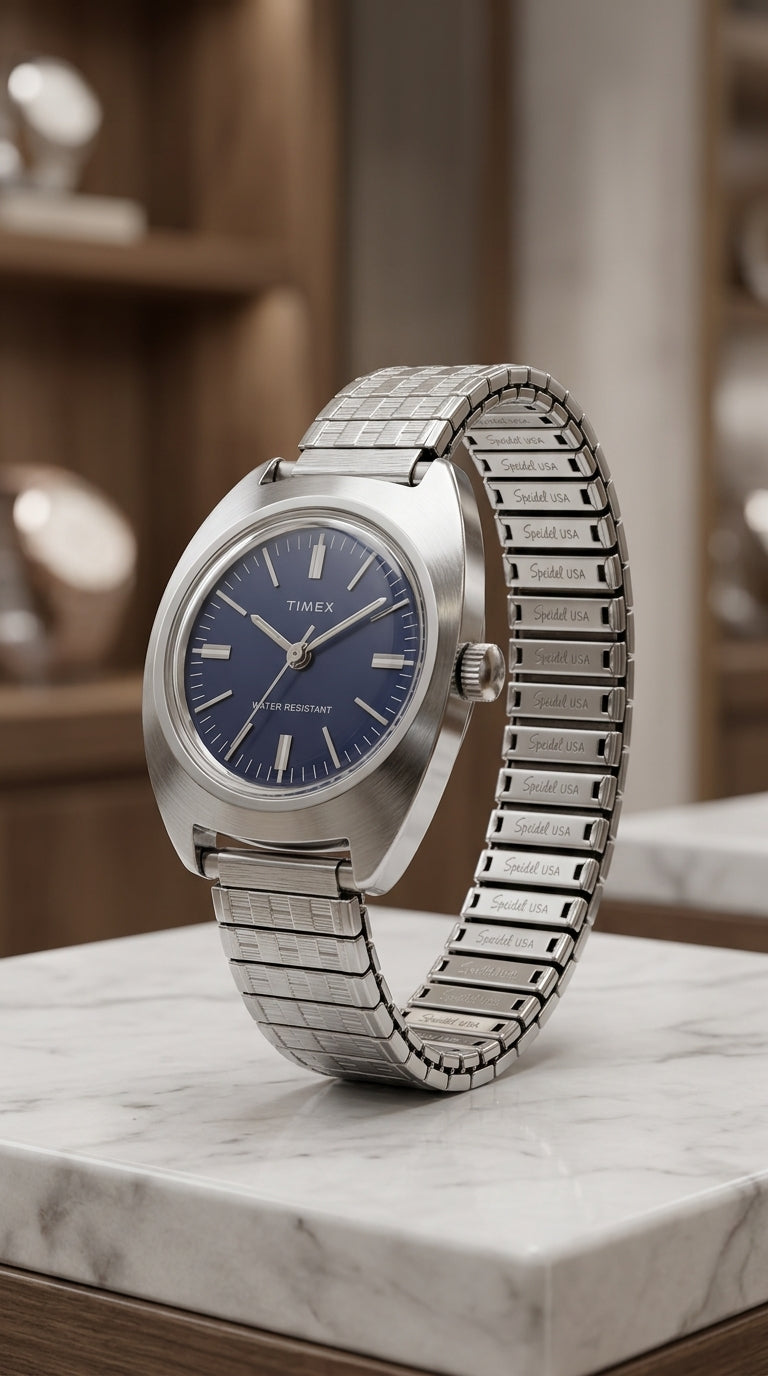 Timex — Analog Wristwatch | Deep blue dial, stainless steel expandable bracelet · Sz OS