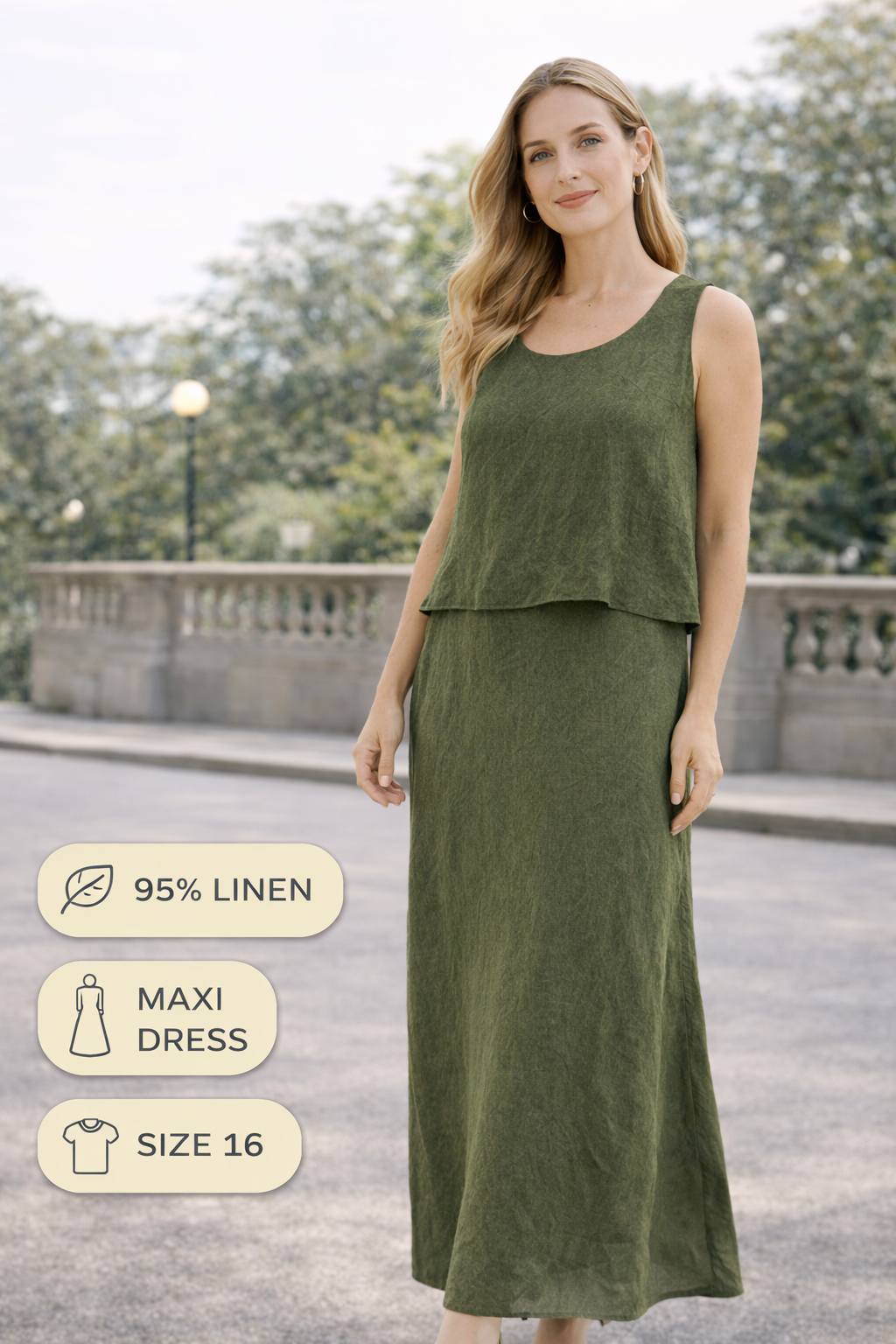 Lafayette 148 New York Olive Green Linen Maxi Dress Sleeveless Layered Size 16
