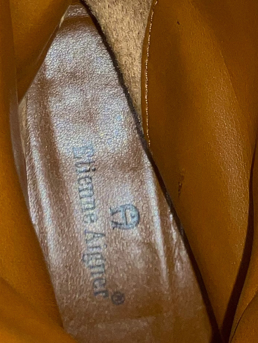 Etienne Aigner — Tall Riding Boots | Cognac leather, gold stirrup hardware · Sz 9