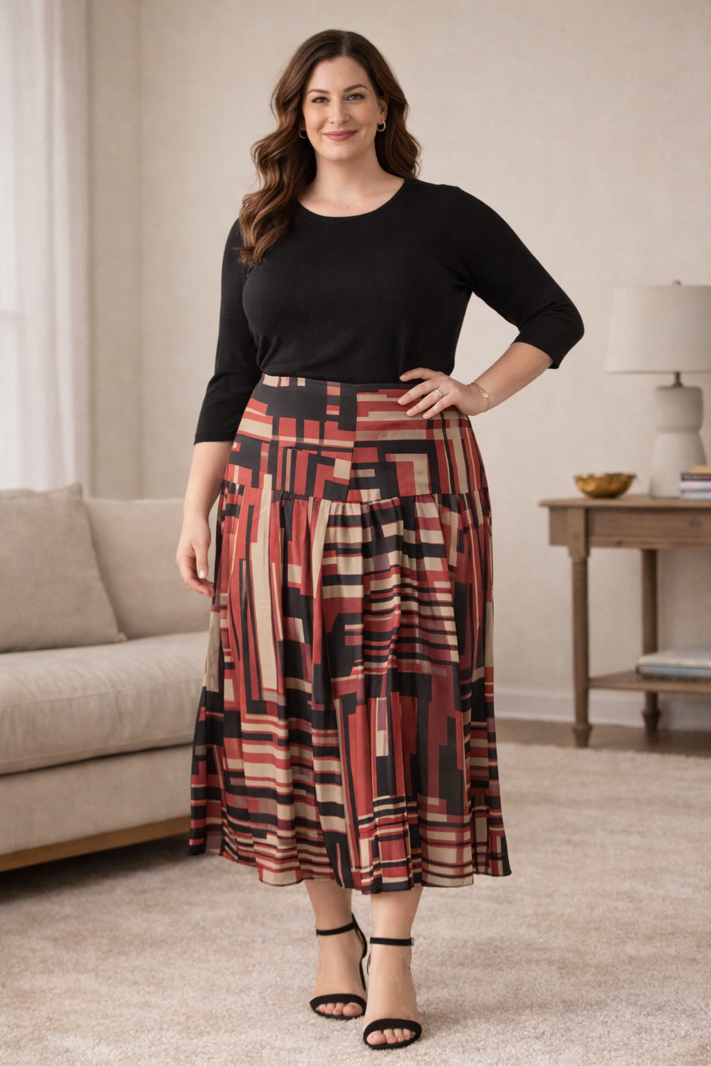 Peruvian Connection — Maxi Skirt | Art Deco geometric print, drop waist · Sz 16