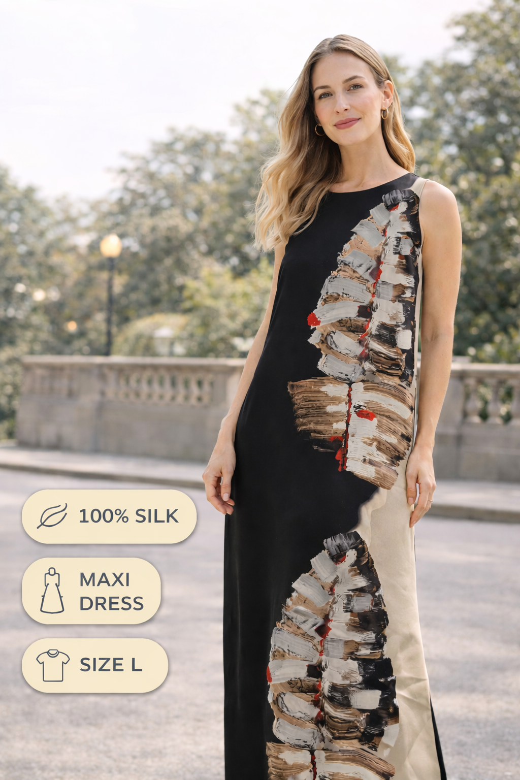 Lafayette 148 New York Silk Maxi Dress Abstract Print Sleeveless Size L