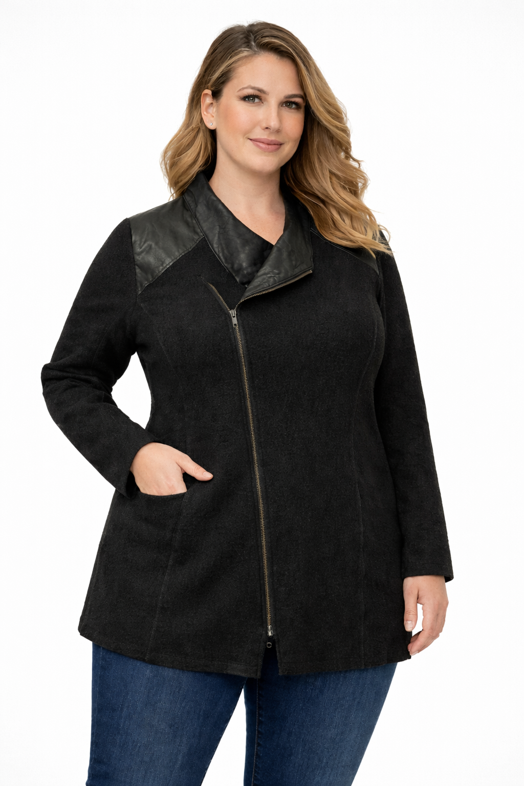 Eileen Fisher Green Eileen Merino Wool Jacket Leather Trim Size XL