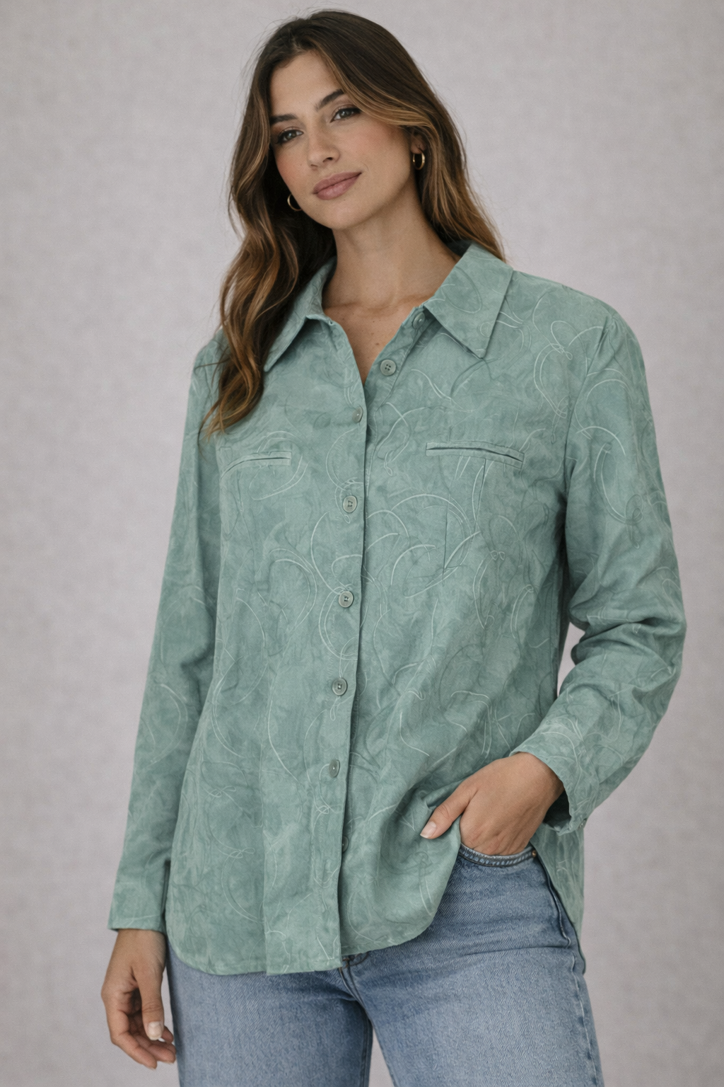 Sag Harbor Petite Emerald Green Embroidered Suede-Finish Blouse Size P/M