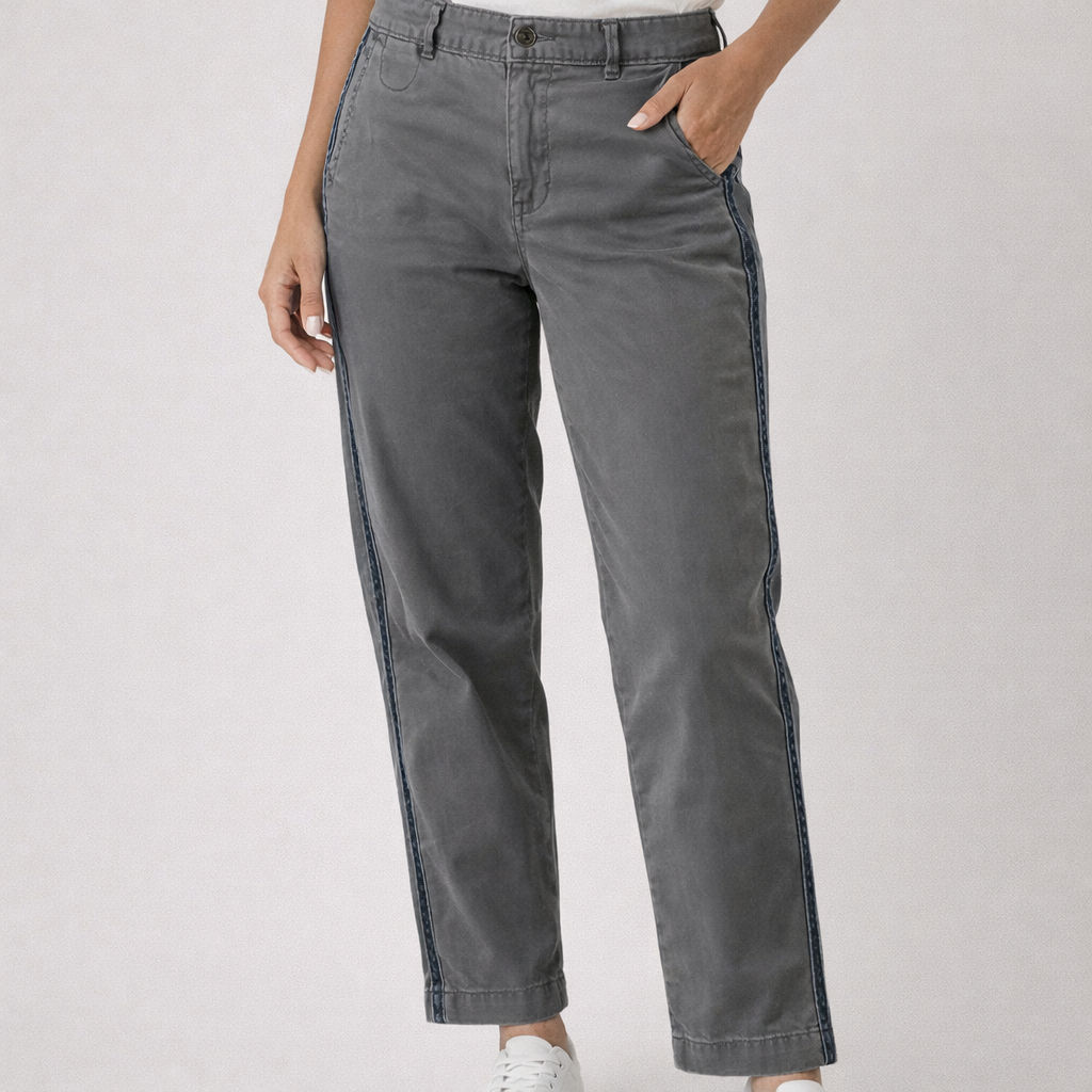 Chino by Anthropologie — Tailored Pants | Slate gray cotton with navy side stripe · Sz 30
