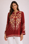 Johnny Was — Tunic | Dense botanical embroidery in deep burgundy · Sz L