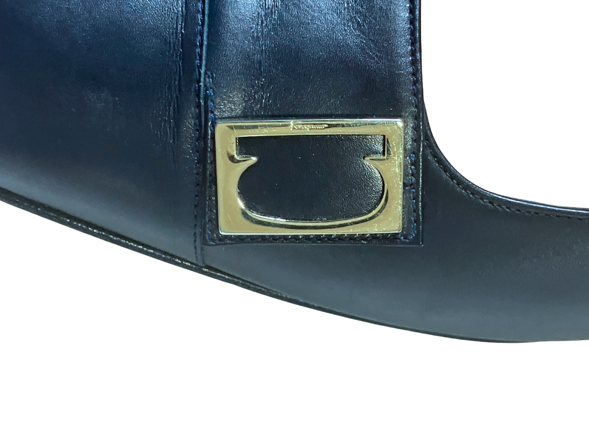 Salvatore Ferragamo Vara Navy Blue Block Heel Pumps Square Toe Gancini Italy