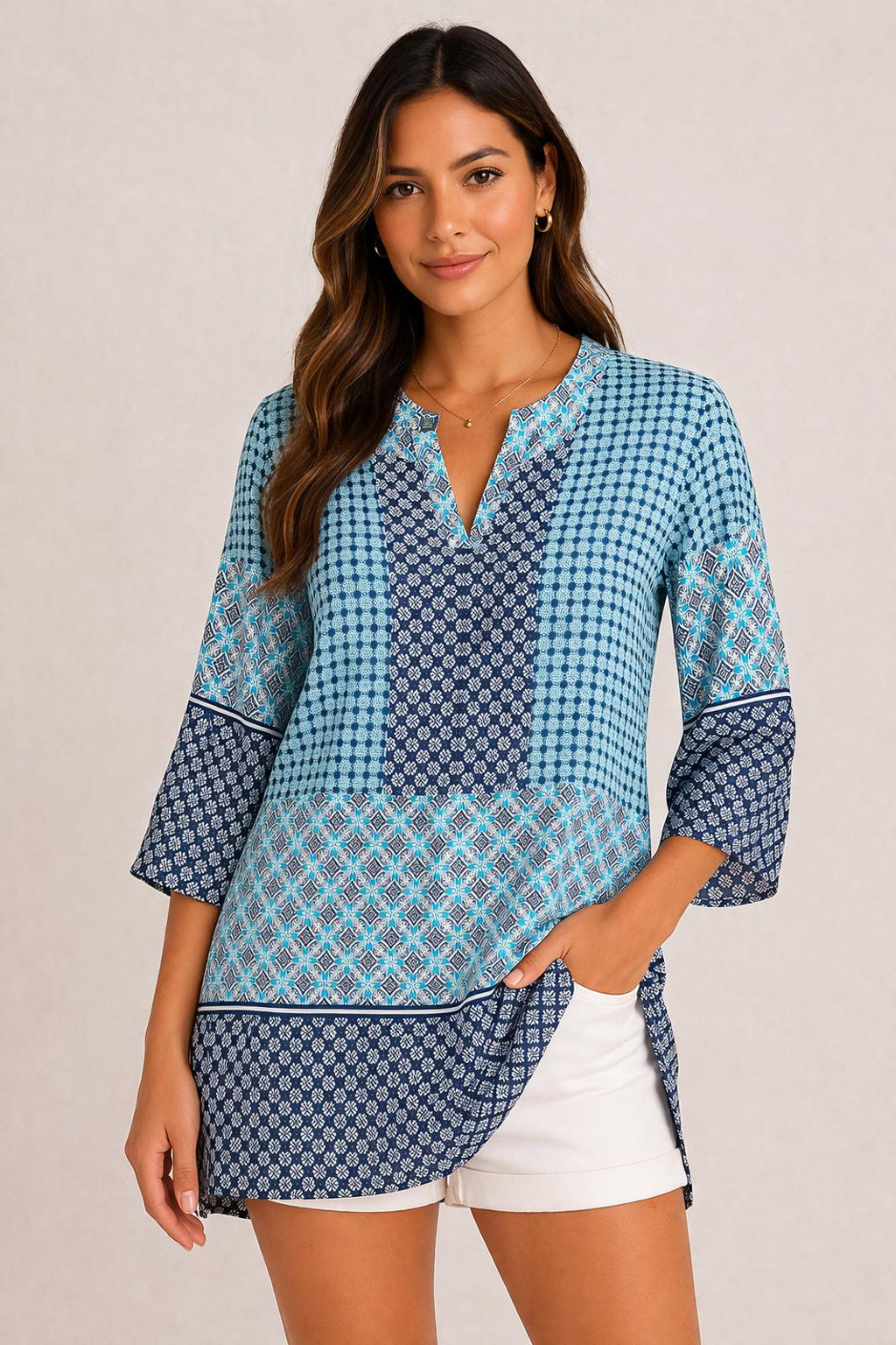 Tommy Bahama — Tunic | Navy & aqua geometric patchwork, 100% rayon · Sz XL
