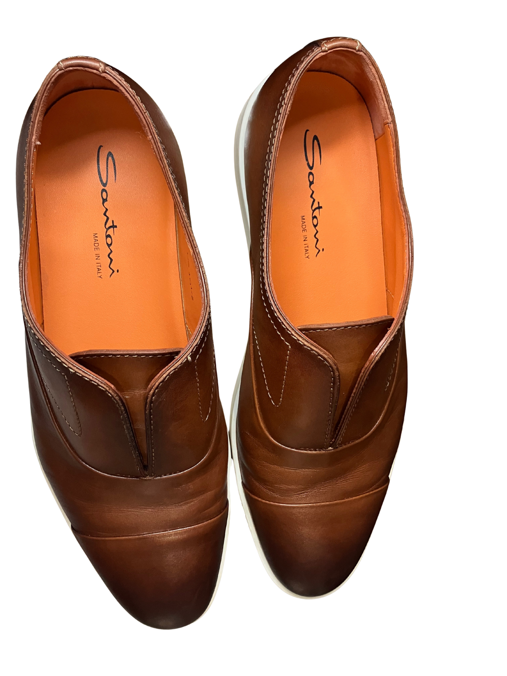 Santoni Made in Italy Brown Patina Leather Slip-On Cupsole Sneakers