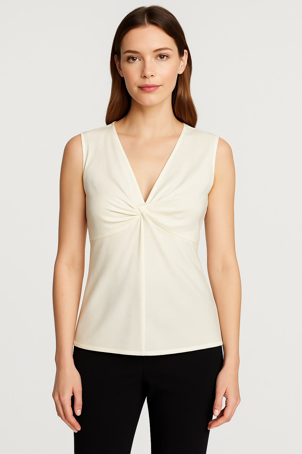 St. John Couture Ivory Silk Draped Twist Front Sleeveless Top Size 14