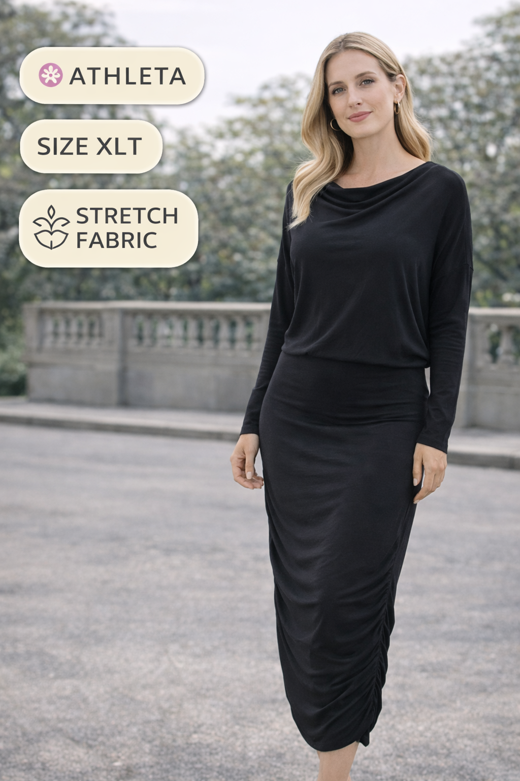 Athleta Black Long Sleeve Midi Dress Draped Neckline Ruched Skirt Size XLT