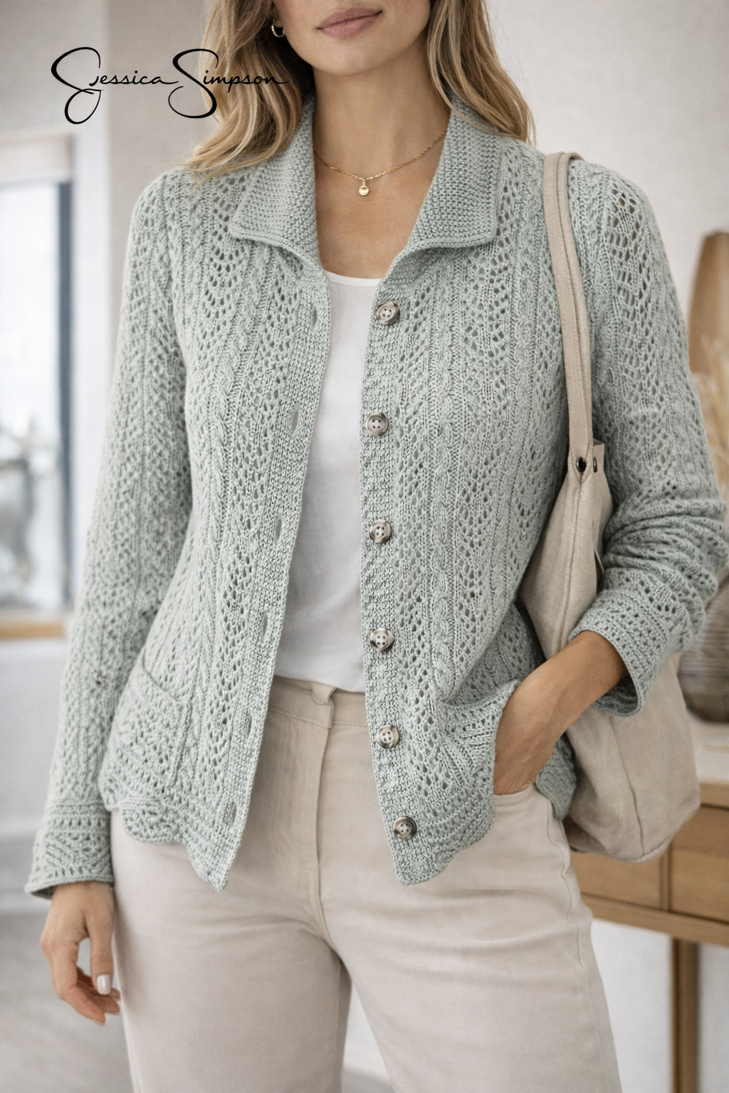 Jessica Simpson Open-Knit Button Front Cardigan–Women’s Size S–Sage Green – NWT