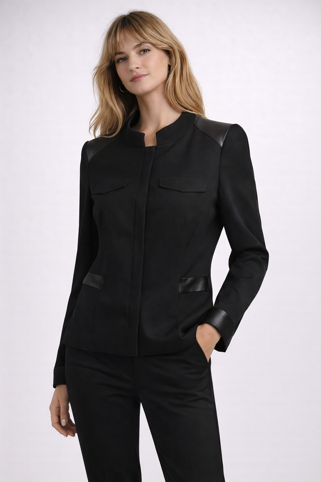 Lafayette 148 New York Black Jacket w/ Leather Trim Size 16
